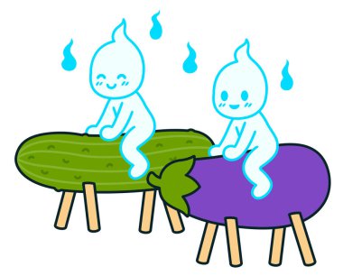 Cute spirits riding a cucumber and an eggplant on Japanese Obon festival. Cute cartoon drawing, vector clip art illustration. clipart