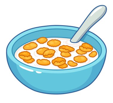 Mısır gevreği kahvaltı kasesi çizimi. Sütlü geleneksel mısır gevreği, vektör klipsli sanat çizimi