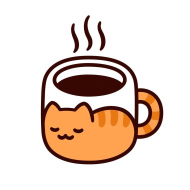 Kahve fincanının basit karalama ikonu ya da kawaii zencefilli kedi çizimi olan çay kupası. Güzel bir sabah çizgi filmi, sıcak içecek çizimi. El çizimi vektör illüstrasyonu.