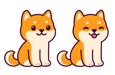Şirin Shiba Inu köpek yavrusu oturuyor, dili dışarı çıkıyor. Mutlu karikatür köpek vektör çizimi, basit kawaii tarzı çizim.