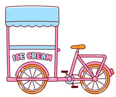 Dondurma arabası kargo bisikleti çizimi. Şirin çizgi film sokak yiyecek satıcısı bisikleti. Basit düz vektör çizimi.