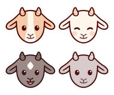 Cute cartoon baby goat face set. Kawaii kid goats with different expressions, isolated clip art vector illustration. clipart