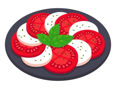 Caprese salatası, klasik İtalyan yemeği. Siyah tabakta fesleğen yaprağıyla domates ve mozzarella dilimleri. Düz çizgi film vektör klibi resim çizimi.
