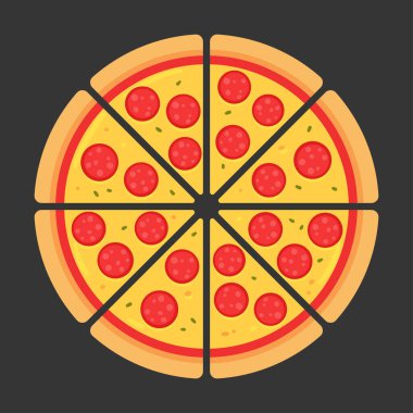 Pepperoni pizzası sekiz dilime bölünmüş. Çizgi film vektör illüstrasyonu.