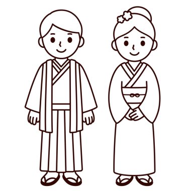 Japonya 'nın ulusal kostümlü şirin erkek ve kız çifti. Geleneksel Japon kimonosu giymiş çizgi film çocukları. Siyah-beyaz renkli çizgiler. Vektör klibi resim çizimi.