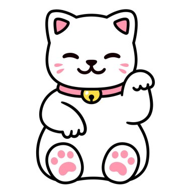 Tatlı çizgi film beyaz Maneki Neko, Japon şanslı kedisi. Kawaii kedi resmi çiziyor. İzole vektör illüstrasyonu.