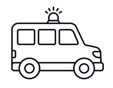 Çatı lambası yanıp sönen, siyah beyaz çizgili ambulans ya da polis minibüsü. Basit bir çizgi film tarzı. Vektör klibi resim çizimi.