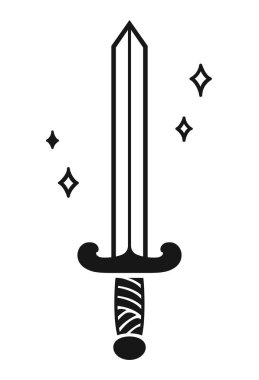 Parıltılı siyah beyaz kılıç. Modaya uygun tek renkli dövme tasarımı. Vektör illüstrasyonu.