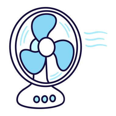 Elektrikli vantilatör serin hava üflüyor, basit çizgi film tarzında çizgi film ikonu. Vektör klibi resim çizimi.