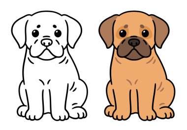 Tatlı çizgi film Mastiff mi yoksa Bulldog yavrusu mu? Renk çizimi ve siyah-beyaz renkli çizgi sanatı. Vector klipsli sanat illüstrasyonu. Kulakları sarkık, sevimli bir köpek..