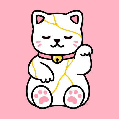 Sevimli çizgi film Kintsugi Maneki Neko, Japon şanslı kedisi. Kırılmış ve altınla onarılmış. Wabi-sabi güzellik konsepti. İzole vektör illüstrasyonu.