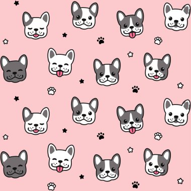 Cute cartoon French Bulldog faces seamless pattern. Hand drawn Frenchie pups, paws, stars on pink background. Simple vector illustration. clipart