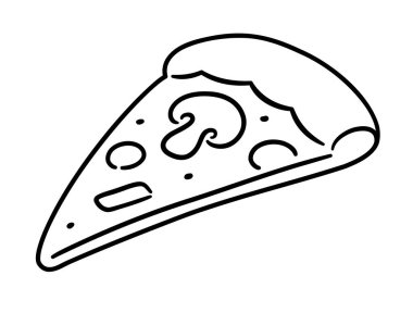 Vejetaryen pizza dilimi, elle çizilmiş karalama ikonu. Siyah beyaz çizgi sanatı. Basit çizim, vektör klipsi resim çizimi.