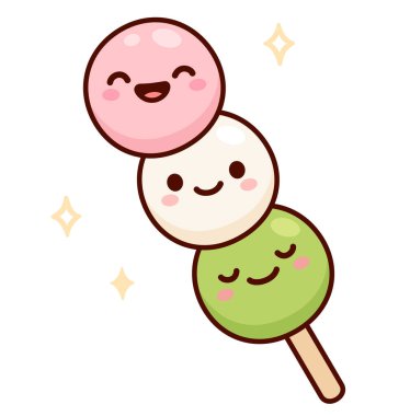 Hanami dango, geleneksel Japon tatlısı. Gülen kawaii yüzlü pembe, beyaz ve yeşil pirinç topları. Şirin çizgi film vektör illüstrasyonu.