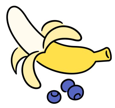 Soyulmuş muz ve yaban mersini, elle çizilmiş karalama ikonu. Basit çizim, vektör klipsi resim çizimi.