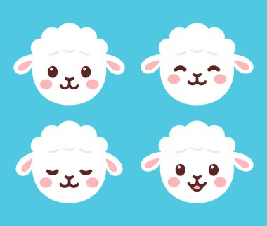 Güzel karikatür kuzu surat seti. Farklı ifadelere sahip Kawaii bebek koyunu, vektör klibi çizimi.