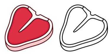 Çizgi film T-Bone biftek ikonu, kemikli et parçası. Renkli çizim ve siyah beyaz çizgi simgesi. İzole edilmiş vektör klibi sanat illüstrasyonu.