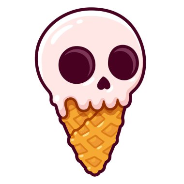 Çizgi film kafatası şekilli dondurma çizimi. Waffle külahında vanilya kepçesi. İzole edilmiş klipsli sanat vektörü çizimi.