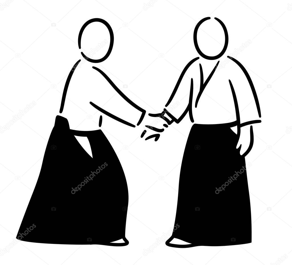 Aikido ai hanmi katate-dori (same side wrist hold) grab attack. Black and white minimal drawing of Japanese martial art technique. Vector illustration.
