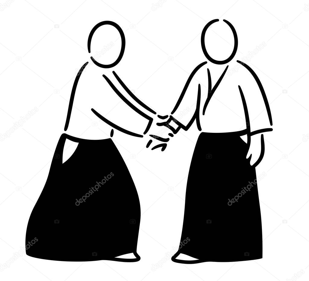 Aikido morote-dori (both hands grab one wrist) attack hold. Black and white minimal drawing of Japanese martial art technique. Vector illustration.