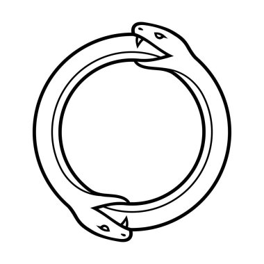Çift Ouroboros sembolü, başka bir yılanın yılan yiyen kuyruğu. Basit bir siyah beyaz çizim. Modern daire logosu, vektör illüstrasyonu.