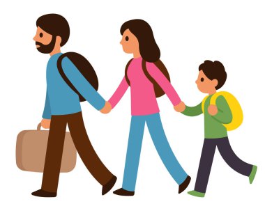 Mülteci ya da göçmen aile, iki ebeveyn ve çocuk. Göçmenler basit düz vektör biçiminde çizgi film karakterleri çizer.