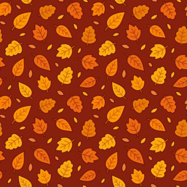 Sonbahar basit çizgi film tarzında pürüzsüz bir desen bırakır. Kahverengi arka planda parlak sarı ve turuncu yapraklar. Vektör clipart illüstrasyonu.