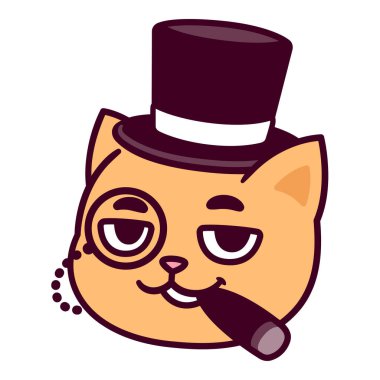 Komik çizgi film kapitalist kedi karikatürü. Puro, gözlük ve silindir şapkalı zengin şişman kedi patronu. Şirin vektör illüstrasyonu.