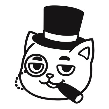 Komik çizgi film kapitalist kedi karikatürü. Puro, gözlük ve silindir şapkalı zengin şişman kedi patronu. Şirin vektör çizimi, siyah beyaz logo.