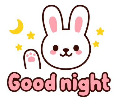Tatlı çizgi film beyaz tavşanı iyi geceler diliyor. Kawaii tavşan çıkartması çizimi, vektör çizimi.