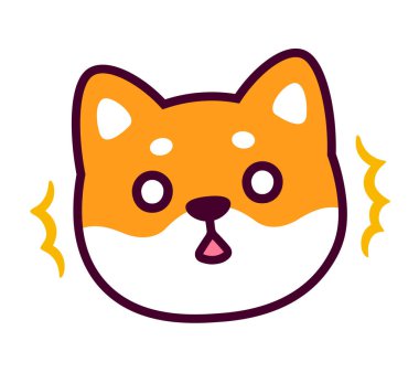 Şirin çizgi film Shiba Inu 'nun yüz çizimini şok etti. Sersemlemiş ifadesi olan komik köpek karakteri, basit el çizimi vektör çizimi.