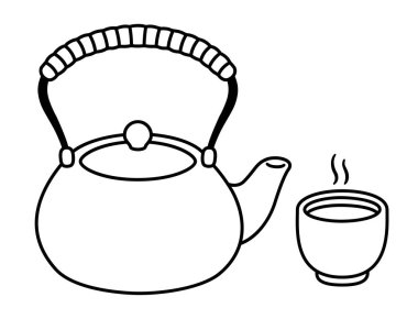 Japon çay seremonisi. Çaydanlık ve buharı tüten yeşil çay. Siyah beyaz çizgi sanatı, basit el çizimi karalama vektör çizimi.