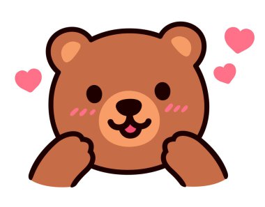 Kalplerle kızaran sevimli ayı suratı. Kawaii karakter etiketi çizimi, vektör illüstrasyonu.