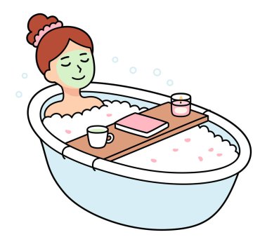 Tatlı çizgi film kadını köpük banyosu yapıyor. Mumlar, kitap ve çayla küvette kişisel bakım molası. Vektör çizimi, basit klip çizimi.