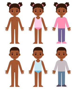 Çıplak, iç çamaşırlı ve giyinmiş siyah çocuklar. Küçük kız ve erkek elbiselerini giyiyorlar. İzole vektör illüstrasyonu.