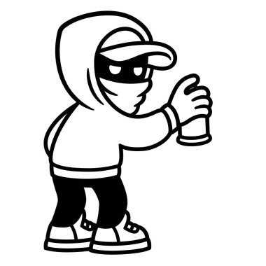 Graffiti sanatçısı karakteri, siyah beyaz çizgi roman tarzı çizim. Maskeli biri duvara sprey boya sıkar. Vektör clipart illüstrasyonu.
