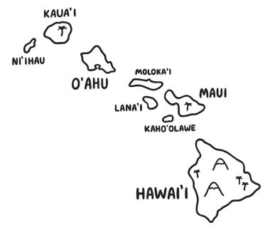 Hawaii haritası şirin karikatür karalaması. Hawaii adalarının basit bir şekilde el çizimi vektör çizimi, siyah ve beyaz çizgi sanatı.