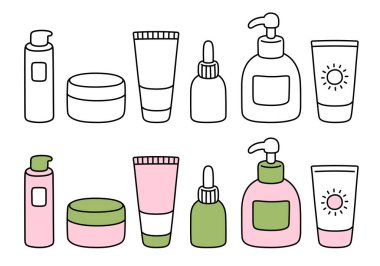 Şirin çizgi film cilt ürünleri karalaması. Siyah ve beyaz çizgi simgeleri ve renk seti. Kore güzellik ürünleri koleksiyonu. Vektör clipart illüstrasyonu.