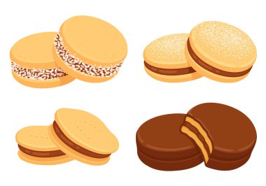 Alfajores, manjar (dulce de leche) ile doldurulmuş geleneksel Şili sandviç kurabiyeleri. Farklı tipler ayarlandı. İzole edilmiş vektör klibi sanat illüstrasyonu.