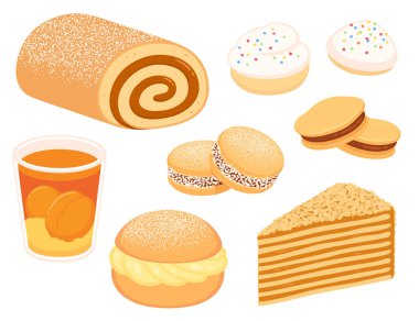 Geleneksel Şili tatlı seti. Şeker, kek ve kurabiye. Alfajores, Mil Hojas, Mote con huesillo. İzole vektör klipsi sanatı.