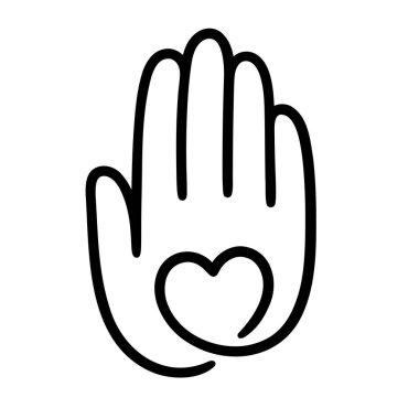 Kalp çizgili insan eli, el çizimi karalama tarzı logo. Hayır işi, gönüllülük, sosyal destek tasarım unsuru. Tek çizgi vektör illüstrasyonu.
