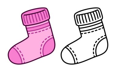 Şirin sıcak pembe çorap. Renk çizimi ve boyama için siyah-beyaz çizgiler. Çizim vektörü çizimi.