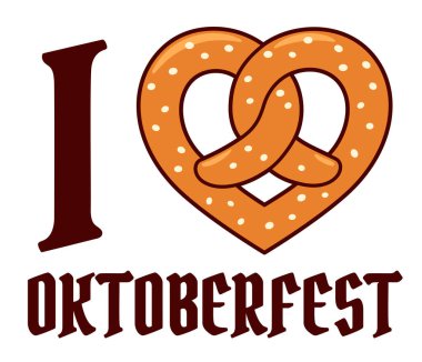 Oktoberfest yazılarını seviyorum. İçinde kalp şeklinde simit var. Alman bayrağı ya da çıkartması. İzole edilmiş vektör klibi sanat illüstrasyonu.
