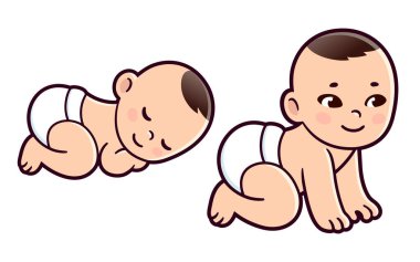 Yeni doğmuş şirin Asyalı bebek uyuyor ve emekliyor. Bebek gelişimi çizim seti, vektör klipsi sanat illüstrasyonu.