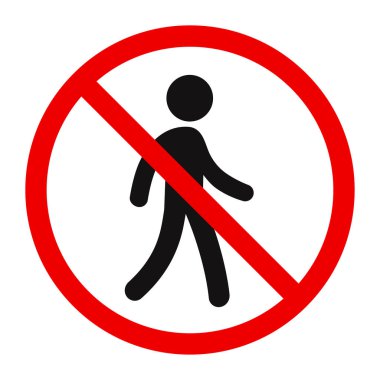 Yürümek yok, girmek yok, dur işareti, uyarı sembolü. Çapraz insan silueti, kırmızı çemberde basit bir çöp adam. Vektör illüstrasyonu.