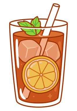 Mazagran, geleneksel Cezayir buzlu kahve, limon ve naneli. Sevimli karikatür vektör klipsi sanat çizimi, karalama tarzı çizim.