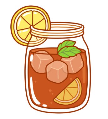 Limonlu buzlu çay ve naneli mason kavanozu. Sevimli karikatür vektör klipsi sanat çizimi, karalama tarzı çizim.