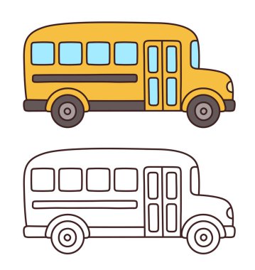 Klasik sarı okul otobüsü çizgi film tarzında çizim yapıyor. Renk çizimi ve boyama için siyah-beyaz çizgiler. El çizimi vektör kümesi.