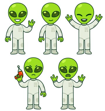 Tatlı çizgi film uzaylı seti. Farklı pozları ve ifadeleri olan küçük yeşil bir uzaylı. İzole vektör klibi çizimi.