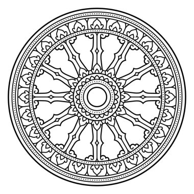 12 dilde Tayland Dhamma Çarkı (dhammacakka), Güneydoğu Asya tarzı Theravada Budizm sembolü. Siyah beyaz çizgi sanat tasarımı. İzole edilmiş vektör klibi sanat illüstrasyonu.